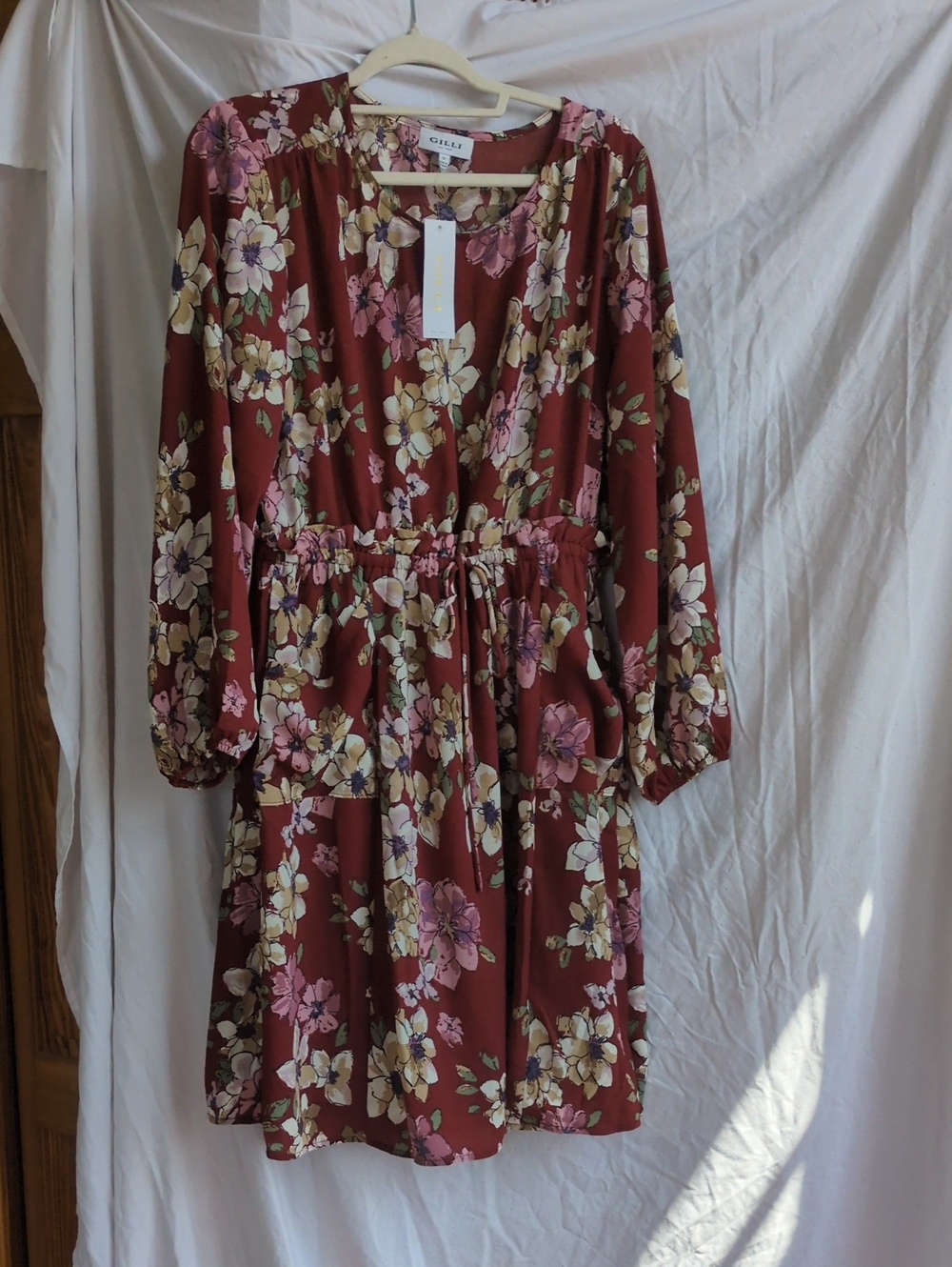 Rust Floral Long Sleeve Tie-Waist Dress